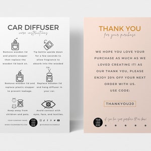 Bearbeitbare Vorlage für eine Mini-Pflegekarte für den Autodiffusor, Pflegeanleitung für den Autoduft, Ölanleitung für den Autodiffusor, minimalistische Anleitung für den Auto-Lufterfrischer