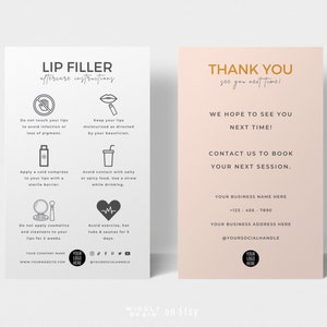 Puede incluir: Dos tarjetas rosas y blancas con texto negro. La tarjeta de la izquierda tiene el título "Instrucciones de cuidado posterior al relleno de labios" y enumera las instrucciones de cuidado posterior. La tarjeta de la derecha tiene el título "Gracias" e incluye información de contacto para un negocio.
