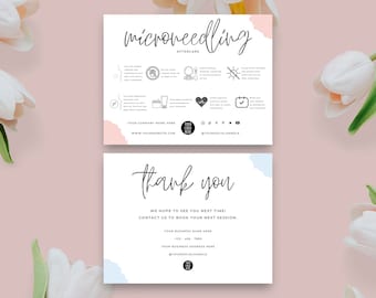 Puede incluir: Una tarjeta blanca con acentos rosados y azules. La mitad superior de la tarjeta tiene el texto "microneedling aftercare" y una lista de instrucciones. La mitad inferior de la tarjeta tiene el texto "gracias" y la información de contacto.