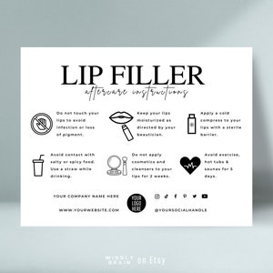Modèle de carte modifiable de soin après-vente pour le comblement des lèvres, guide d'entretien pour les injections dans les lèvres, conseils d'entretien pour la procédure de comblement dermique au design élégant