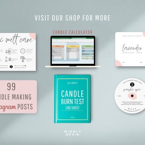 Puede incluir: Un collage de productos digitales para la elaboraci&oacute;n de velas, que incluye una hoja de c&aacute;lculo de velas, una gu&iacute;a de cuidado de la cera derretida, una hoja de registro de prueba de combusti&oacute;n de velas y dos plantillas de etiquetas de velas. Las etiquetas son para velas con aroma a lavanda y especias de calabaza. Tambi&eacute;n se incluye el texto "99 Candle Making Instagram Posts".