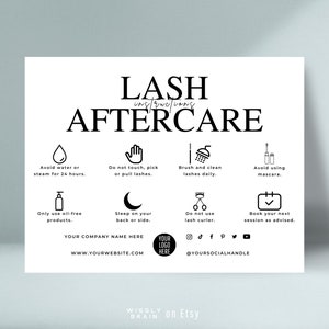Wimper nazorg kaartsjabloon, bewerkbare wimperverlenging zorgkaarten, afdrukbare wimper zakelijke branding, elegante wimpers gids instructies ontwerp