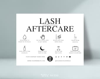 Plantilla de tarjeta para el cuidado posterior de las pestañas, tarjetas editables para el cuidado de extensiones de pestañas, marca comercial imprimible para pestañas, diseño elegante de instrucciones para una guía de pestañas