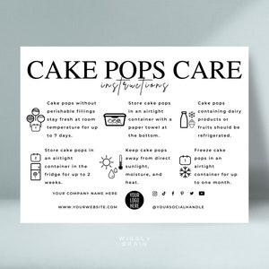 Bearbeitbare Cake Pops Pflegeanweisungen Kartenvorlage, Cake Pop-Pflegekarte, Kuchen-Lolli - Pflegeanleitung, Elegantes Design Cake Balls Lagerung To Do