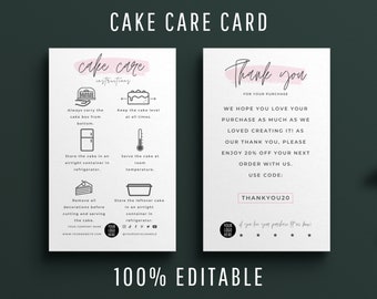 Mini Cake Care Card Template, Editable Cake Care Instructions, Modern Design Wedding Cake Care Guide, Bakery Packaging Inserts