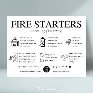 Editable Fire Starters Care Guide Template, Wax Firelighters Care Card, Printable Elegant Design Eco Fireplace Starter Safety Instructions