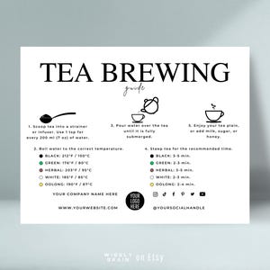 Plantilla editable para preparar té, instrucciones para preparar té suelto, guía imprimible de diseño elegante, cómo preparar té