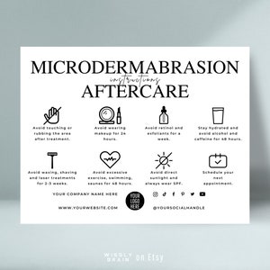 Modello di scheda post-terapia per microdermoabrasione, guida modificabile per la piallatura della pelle del viso dopo la cura, trattamento del salone di bellezza per estetista Canva stampabile