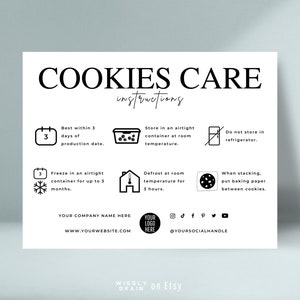 Cookies Care Card Template, Editable Cookie Care Instructions, Bakery Care Guide, Biscuits Freezing Tips, Elegant Pastry Thank You Inserts