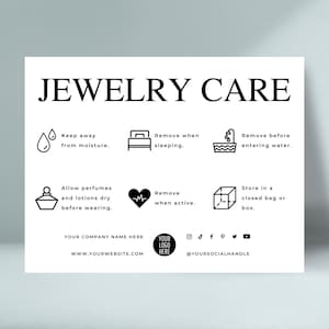 Plantilla de tarjeta imprimible para el cuidado de la joyería, instrucciones editables para el cuidado de la joyería, inserciones para el cuidado de la joyería, tarjetas para el cuidado de los pendientes, Canva para el cuidado de la pulsera