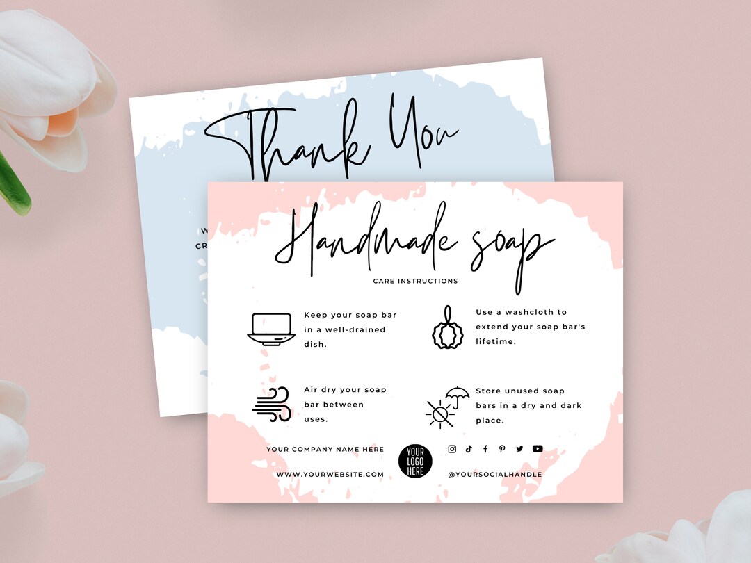 Soap Care Card Template, Editable Handmade Soap Bar Care Guide