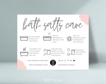 Bath Salts Care Card Template, Editable Epsom Salt Care Guide Instructions, Bath Soak Safety Note, Boho Design How To Use Bath Salt Tips