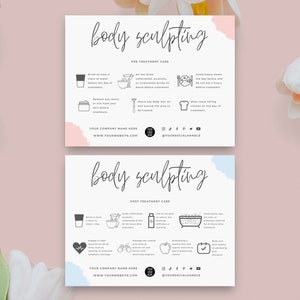 Plantilla de tarjeta de cuidado previo y posterior a la escultura corporal, tarjetas editables para el cuidado posterior del contorno corporal, instrucciones de cuidado imprimibles para la escultura corporal