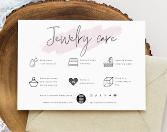 Plantilla editable para tarjetas de cuidado de joyas, guía imprimible para el cuidado de joyas, elegantes insertos para el cuidado de joyas, tarjetas de agradecimiento para joyas