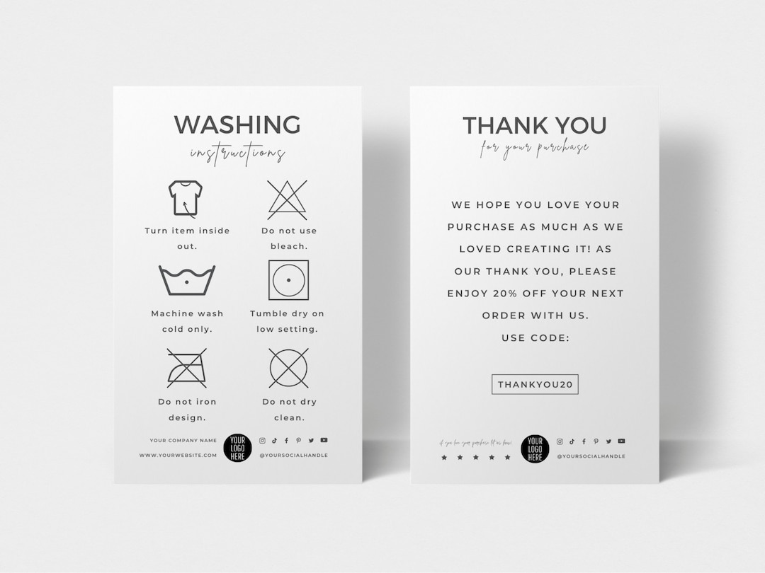 Editable Washing Instructions Card Template, Clothing Care Cards