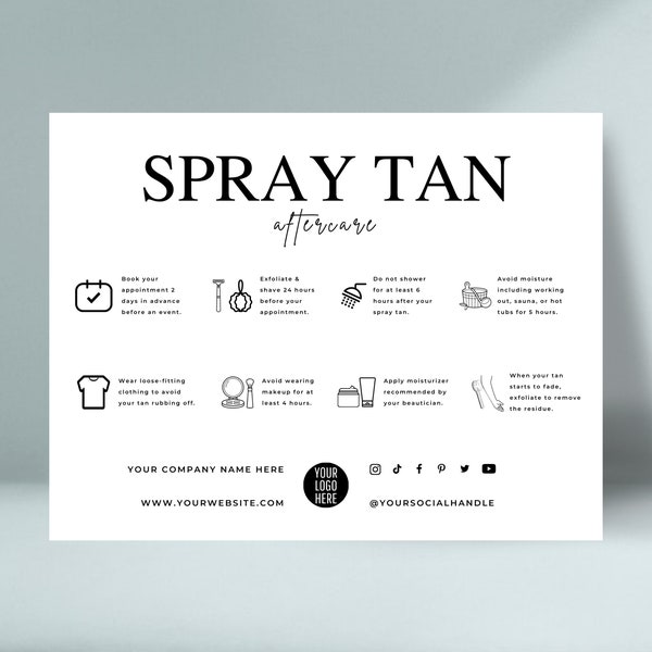 Editable Spray Tan Care Card Template, Tanning Aftercare Instructions, Printable Beauty Aftercare Guide, Elegant Gradual Tan Care Tips