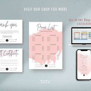 May include: A set of printable Etsy shop templates with a pink watercolor background. The templates include a thank you card, a gift certificate, a price list, and a spreadsheet for calculating Etsy sales. The text on the templates reads "Thank You", "Gift Certificate", "Price List", and "All-in-One Etsy Seller Calculator".