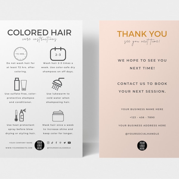 Mini Colored Hair Care Card Template, Editable Dyed Hair Aftercare Instructions, Minimalist Design Hairdresser Colour Treated Hair Guide