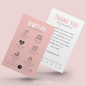 Plantilla de tarjeta editable para el cuidado de la joyería, instrucciones para el cuidado de la joyería, inserciones elegantes para el cuidado de la joyería, tarjetas imprimibles para el cuidado de los pendientes, diseño de Canva