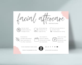 Peut inclure: Une carte blanche avec des accents roses et du texte noir décrivant les instructions de soins après un soin du visage. La carte comprend des icônes et du texte pour éviter de toucher les zones traitées pendant 12 heures, éviter le maquillage pendant 24 heures, éviter le rétinol ou les traitements agressifs pendant 72 heures, éviter la lumière directe du soleil et porter de la crème solaire, utiliser un sérum à la vitamine C ou une crème hydratante douce, et prendre rendez-vous pour un suivi. La carte comprend également le nom de l'entreprise, le site Web et les poignées des médias sociaux.