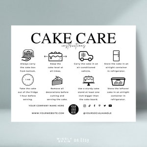 Plantilla de tarjeta de cuidado de pasteles editable, instrucciones de cuidado de pasteles, guía de cuidado de pasteles de boda de diseño elegante, inserciones de embalaje de panadería imprimibles