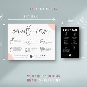 Pode incluir: Dois cart&otilde;es de cuidados com velas, um em rosa e branco com o texto "candle care" e o outro em preto com o texto "CANDLE CARE". Os cart&otilde;es s&atilde;o mostrados com suas dimens&otilde;es em polegadas e cent&iacute;metros. O texto "ACCORDING TO YOUR NEEDS THE SIZE CAN BE ADJUSTED" est&aacute; abaixo dos cart&otilde;es.