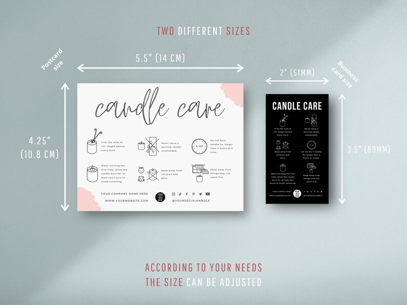 Pode incluir: Dois cart&otilde;es de cuidados com velas, um em rosa e branco com o texto "candle care" e o outro em preto com o texto "CANDLE CARE". Os cart&otilde;es s&atilde;o mostrados com suas dimens&otilde;es em polegadas e cent&iacute;metros. O texto "ACCORDING TO YOUR NEEDS THE SIZE CAN BE ADJUSTED" est&aacute; abaixo dos cart&otilde;es.
