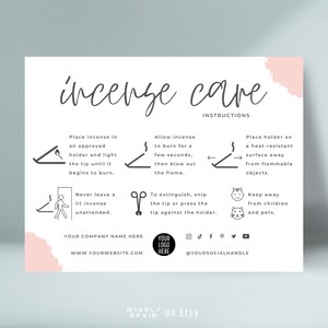 Modello di scheda per la cura dell'incenso, Guida per l'utente del bastoncino profumato, Schede di incenso alle erbe modificabili, Istruzioni di sicurezza per l'incenso con fragranza aromatica Boho