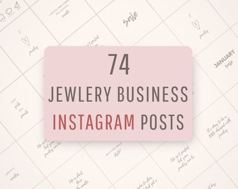 May include: A pink and white graphic with the text "74 JEWELRY BUSINESS INSTAGRAM POSTS". The graphic is made up of a grid of white squares with text and images related to jewelry.