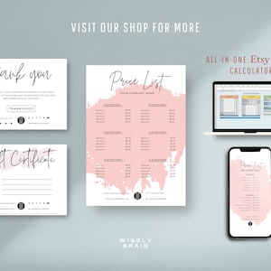 Puede incluir: Una maqueta digital de una plantilla de lista de precios rosa y blanca para vendedores de Etsy. La plantilla presenta un fondo de acuarela rosa con el texto "Price List" y "Your Company Name". La plantilla est&aacute; dividida en cuatro secciones, cada una con un encabezado de categor&iacute;a y una lista de servicios con precios. La plantilla tambi&eacute;n incluye una tarjeta de agradecimiento, un certificado de regalo y una captura de pantalla de una hoja de c&aacute;lculo para calcular las ventas de Etsy.