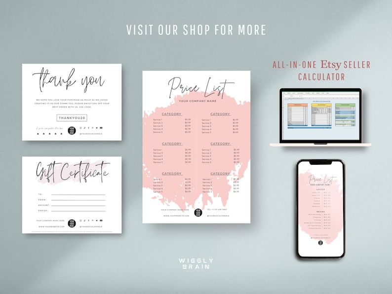Puede incluir: Una maqueta digital de una plantilla de lista de precios rosa y blanca para vendedores de Etsy. La plantilla presenta un fondo de acuarela rosa con el texto "Price List" y "Your Company Name". La plantilla est&aacute; dividida en cuatro secciones, cada una con un encabezado de categor&iacute;a y una lista de servicios con precios. La plantilla tambi&eacute;n incluye una tarjeta de agradecimiento, un certificado de regalo y una captura de pantalla de una hoja de c&aacute;lculo para calcular las ventas de Etsy.