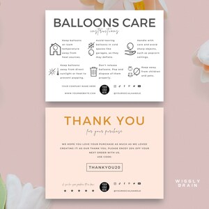 Editable Balloons Care Card Template, Air & Helium Balloon Safety Guide, Minimalist Design Balloon Packaging Inserts