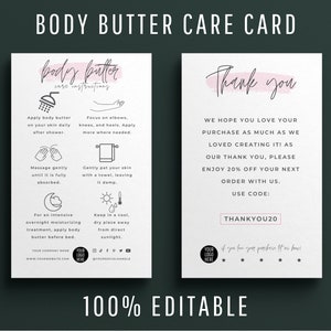 Bewerkbare Mini Body Butter Care Card-sjabloon, opgeklopte Shea Butter-instructies, modern design afdrukbare Body Souffle-toepassingsgids