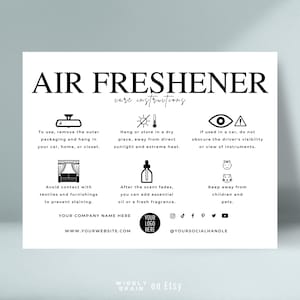 Plantilla de tarjeta de cuidado de ambientador editable, Guía de cuidado de ambientador de sublimación, Instrucciones de ambientador de coche imprimibles con diseño elegante Canva