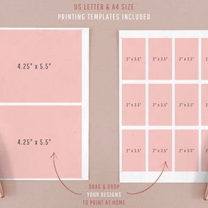 May include: A printable template for creating photo cards. The template includes two 4.25 x 5.5 inch cards and a grid of twelve 2 x 3.5 inch cards. The text "DRAG & DROP YOUR DESIGNS TO PRINT AT HOME" is included.