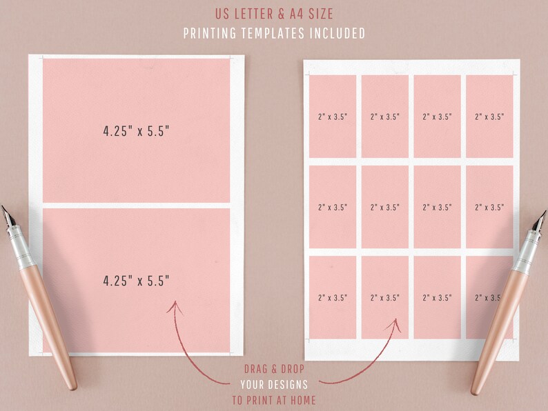 May include: A printable template for creating photo cards. The template includes two 4.25 x 5.5 inch cards and a grid of twelve 2 x 3.5 inch cards. The text "DRAG & DROP YOUR DESIGNS TO PRINT AT HOME" is included.