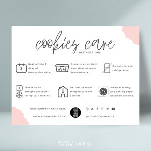 Cookie Care Kartenvorlage, bearbeitbare Cookies Pflegeanleitung, Anleitung für die Backwarenpflege, Anleitung zum Einfrieren von Keksen, minimalistische Canva-Vorlage