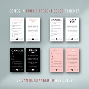 May include: Four different color variations of a thank you card with the text "Thank You" and "Candle" in a modern font. The card includes instructions for candle care and a discount code.