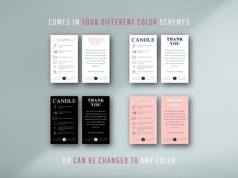 May include: Four different color variations of a thank you card with the text "Thank You" and "Candle" in a modern font. The card includes instructions for candle care and a discount code.