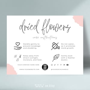 Modello di scheda per la cura dei fiori secchi, schede con suggerimenti per bouquet secchi, guida alla cura del fiorista modificabile, istruzioni per la cura delle attività floreali Boho Design
