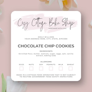 Editable Cottage Law Labels Template, Minimalist Cookies Ingredients Labels, Custom Home Bakery Stickers, Printable Food License Label