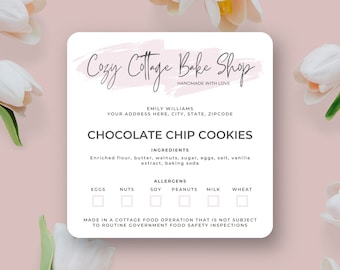 Editable Cottage Law Labels Template, Minimalist Cookies Ingredients Labels, Custom Home Bakery Stickers, Printable Food License Label