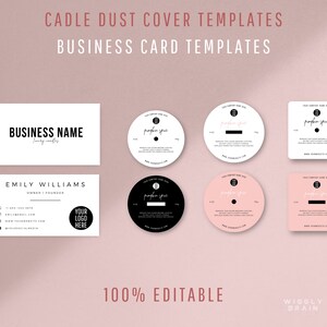 May include: A set of editable templates for candle dust covers and business cards. The templates feature a black and white design with the text "pumpkin spice" and a black circle. The templates are 100% editable and can be customized to fit your needs.
