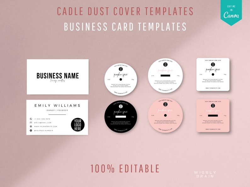 May include: A set of editable templates for candle dust covers and business cards. The templates feature a black and white design with the text "pumpkin spice" and a black circle. The templates are 100% editable and can be customized to fit your needs.