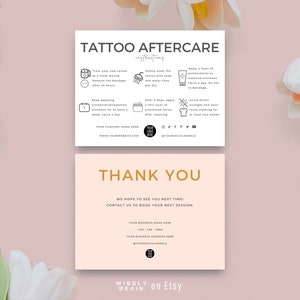 May include: A pink and white card with the text "Tattoo Aftercare Instructions" and a list of instructions for caring for a new tattoo. The card also includes the text "Thank You" and contact information for the business. The card is decorated with a floral design.