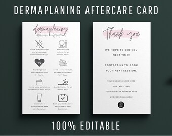 Plantilla imprimible de tarjeta de cuidados posteriores al dermaplaning, instrucciones editables para el cuidado posterior del tratamiento facial, minitarjetas de cuidado facial