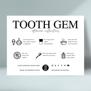 Guide d'entretien des cristaux dentaires modifiable, modèle d'entretien des gemmes dentaires, carte d'instructions d'entretien des bijoux dentaires au design bohème, note d'entretien des gemmes dentaires