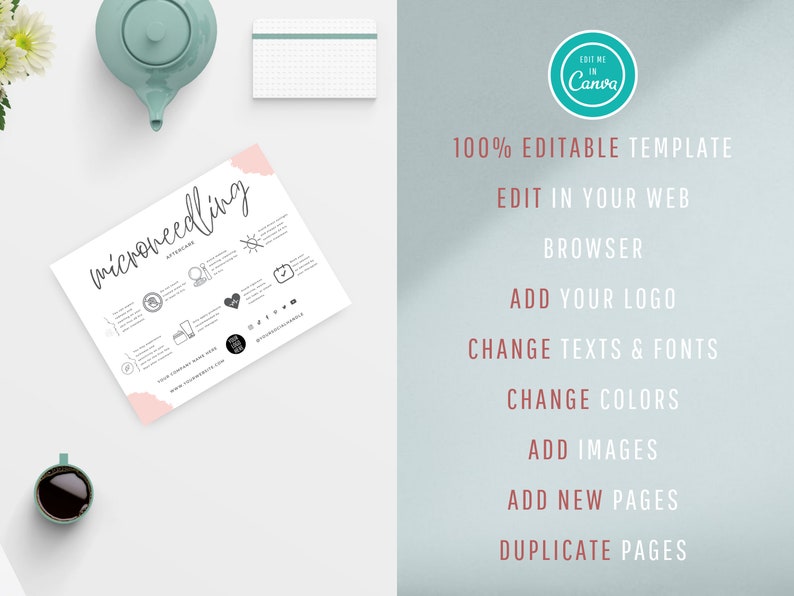 May include: A white printable template with a pink watercolor background and the text "microneedling aftercare". The template includes a list of instructions and icons for aftercare.