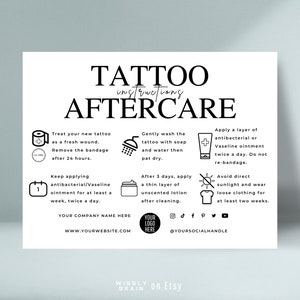 Modello modificabile per scheda con istruzioni per la cura del tatuaggio, inserto stampabile per il marchio aziendale dell'artista del tatuaggio, eleganti carte per la cura dello studio del tatuaggio