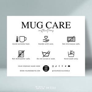Plantilla de tarjeta de cuidado de tazas, guía de cuidado de tazas de café en miniatura, tarjetas de instrucciones de cuidado de tazas editables, consejos de lavado de arcilla cerámica de diseño elegante